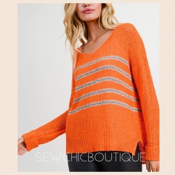 Orange Knit Striped Sweater with wide neck - Picture 2 of 7